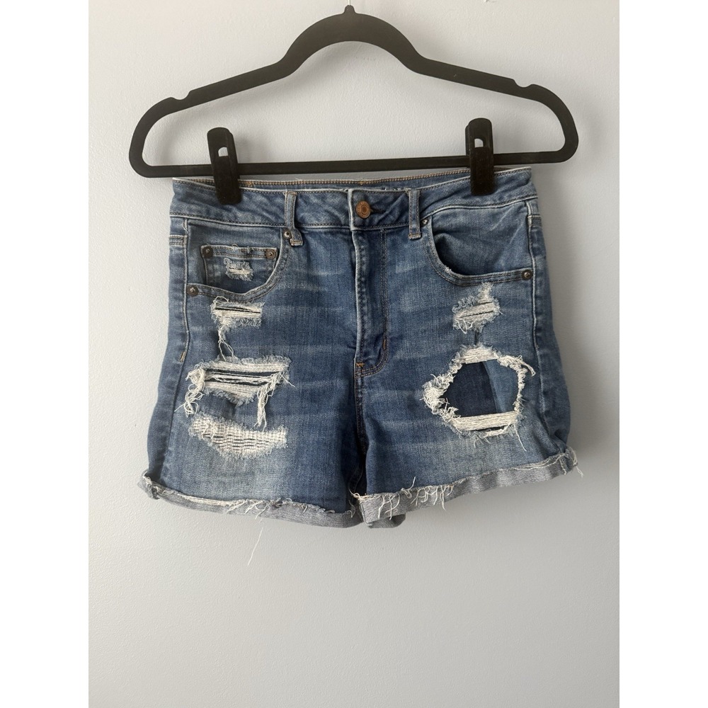 American Eagle Super Super Stretch Medium‎ Wash Jean Shorts Sz 8 Distressed